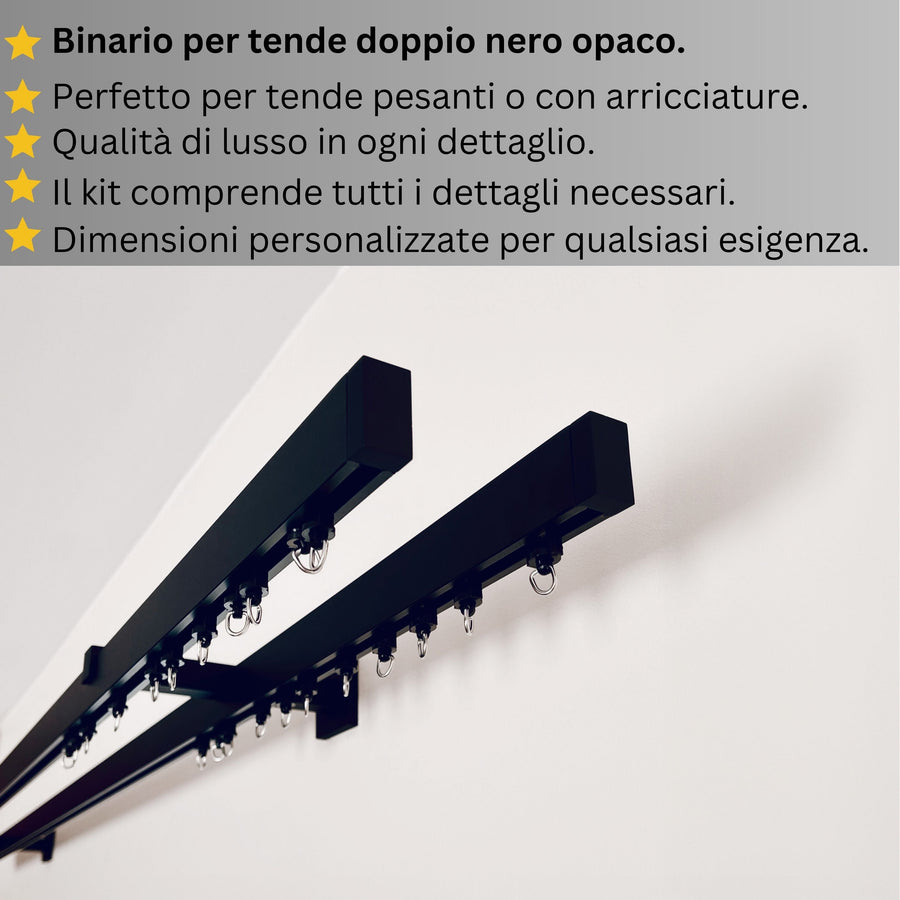 Binario Doppio per Tende, color Nero Opaco, a Parete – Misure Personalizzate, Design Moderno e Funzionale