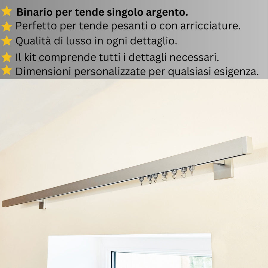 Binario per Tende, Singolo, color Argento, a Parete – Misure Personalizzate, Design Moderno ed Elegante