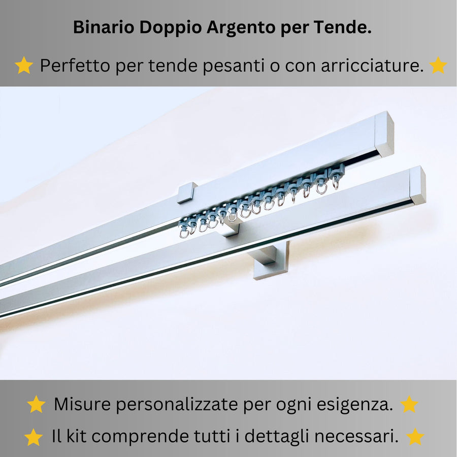 Binario Doppio per Tende, color Argento, a Parete – Misure Personalizzate, Design Elegante e Funzionale