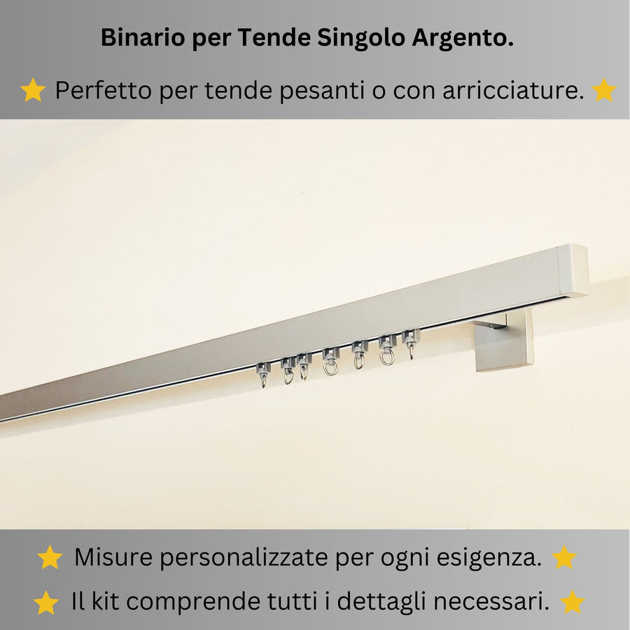 Binario per Tende, Singolo, color Argento, a Parete – Misure Personalizzate, Design Moderno ed Elegante
