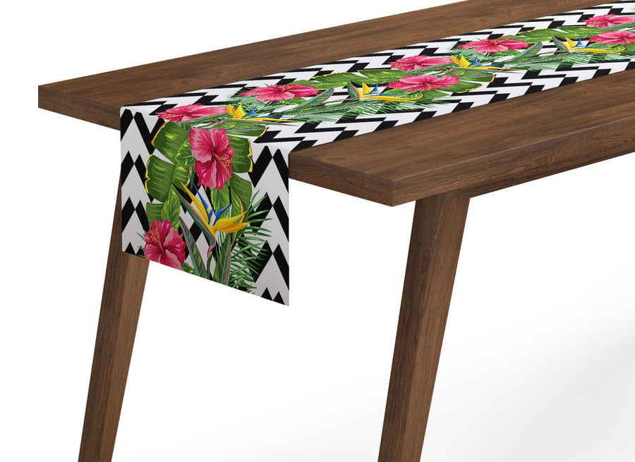 Tappeto Runner da Tavola Foglie Tropicali e Fiori di Ibisco