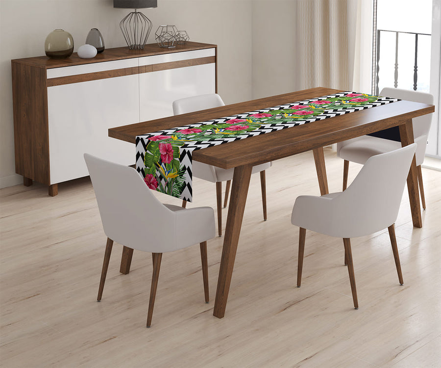 Tappeto Runner da Tavola Foglie Tropicali e Fiori di Ibisco