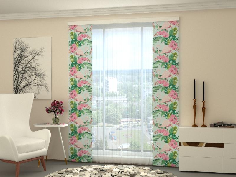 Set di 2 Tende a Pannello Fenicottero Rosa e Orchidee.