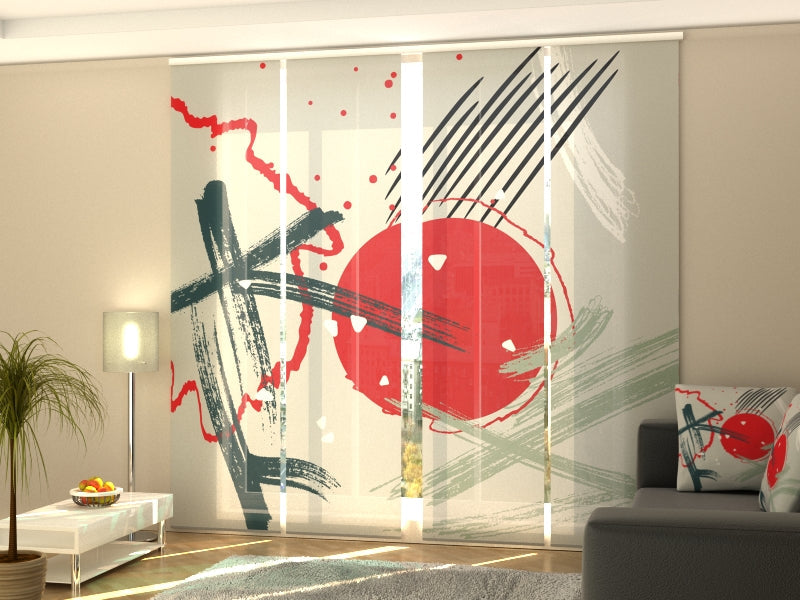 Set di 4 Tende a Pannello Sole Rosso Astratto Cinese