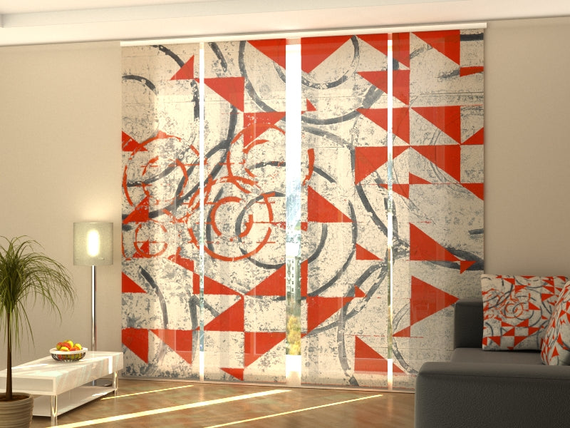 Set di 4 Tende a Pannello Forme Geometriche Astratte Rosse e Nere