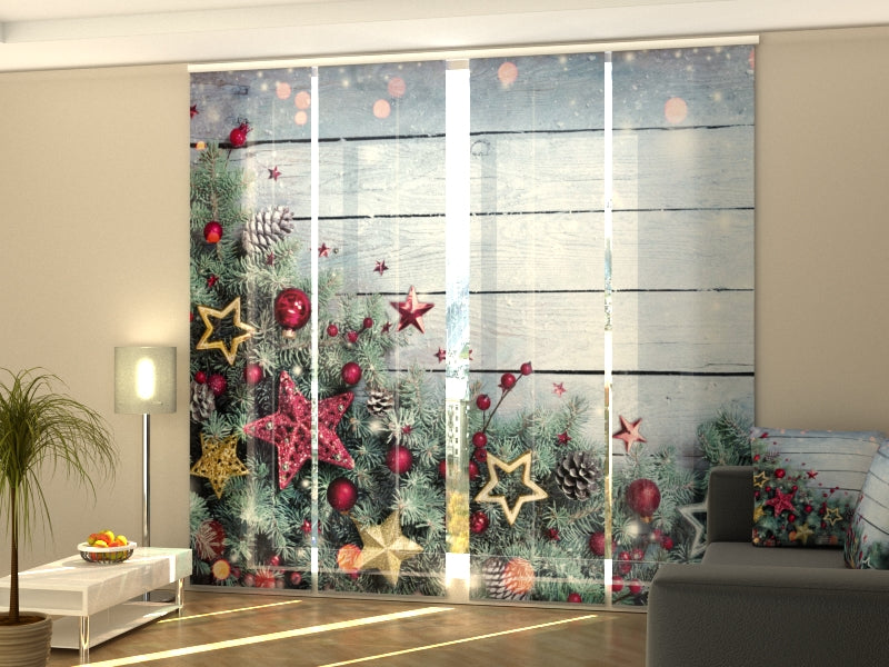 Set di 4 Tende a Pannello Decorazione Natalizia Di Rami Di Abete e Stelle