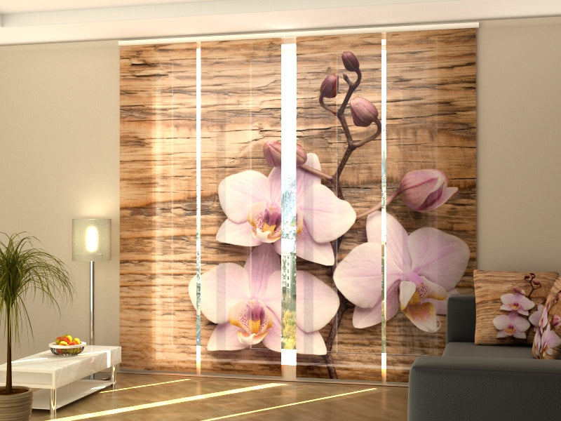 Set di 4 Tende a Pannello Deliziosa Orchidea sul Legno