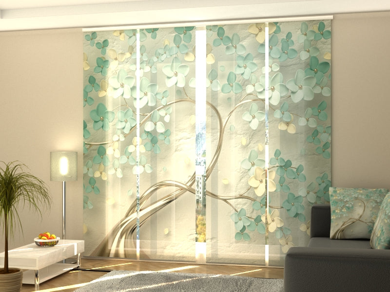 Set di 4 Tende a Pannello Favoloso Albero con Fiori Verdi