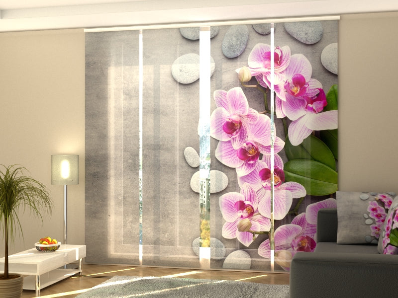 Set di 4 Tende a Pannello Delicate Orchidee Rosa e Pietre