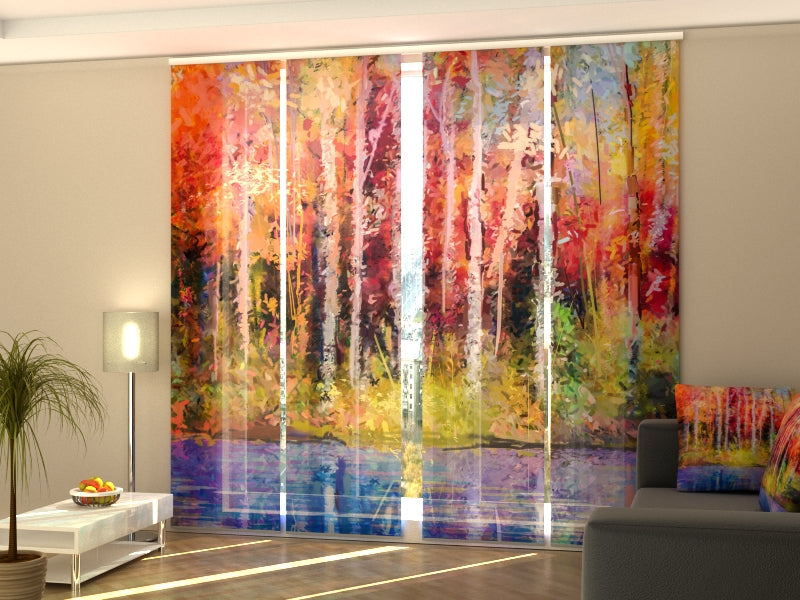 Set di 4 Tende a Pannello Pittura a Olio Alberi Autunnali Sgargianti