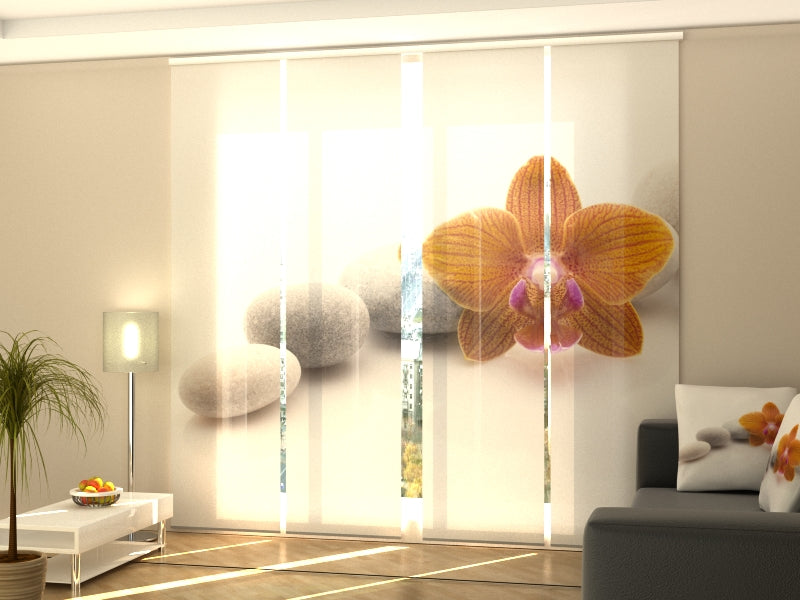 Set di 4 Tende a Pannello Orchidea Arancione su Pietre Termali