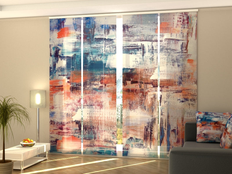 Set di 4 Tende a Pannello Pittura Astratta Arancione e Blu