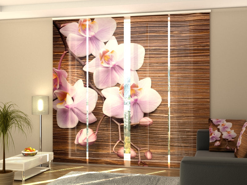 Set di 4 Tende a Pannello Orchidea e Legno