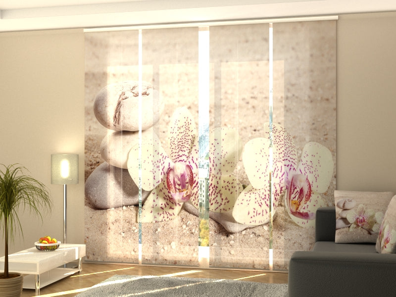 Set di 4 Tende a Pannello Orchidee e Pietre Zen