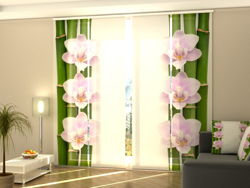 Set di 4 Tende a Pannello Orchidee Rosa e Bambù