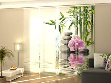Set di 4 Tende a Pannello Orchidea Rosa Con Bambù e Pietre