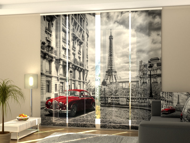 Set di 4 Tende a Pannello Limousine Rossa Retrò sulla Strada di Parigi