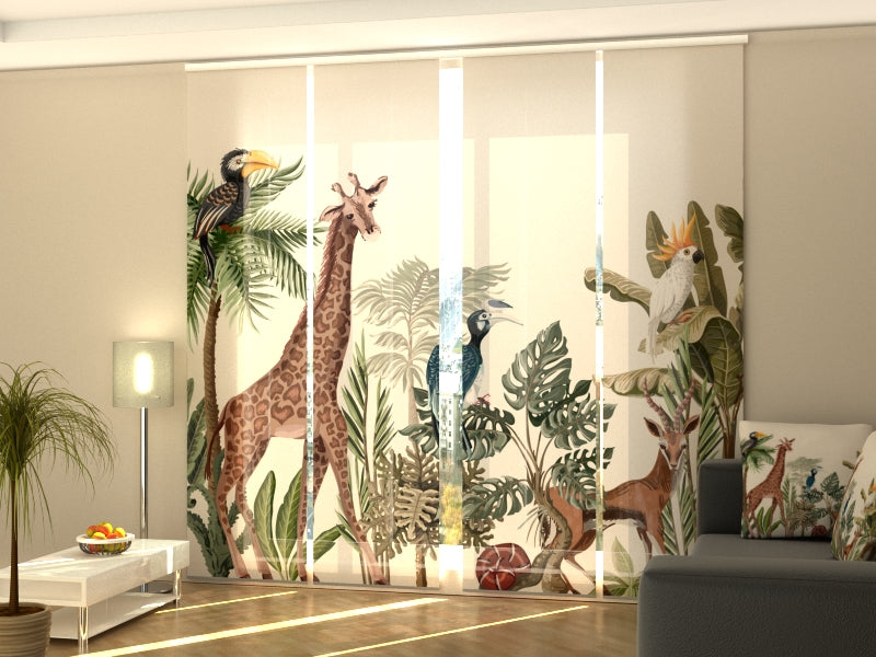 Set di 4 Tende a Pannello Alberi Tropicali e Animali della Giungla