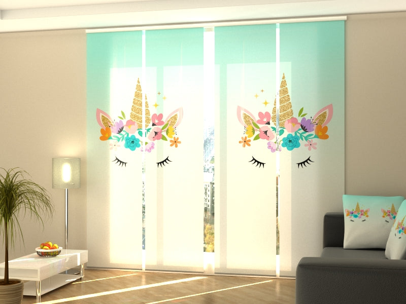 Set di 4 Tende a Pannello Unicorno con Fiori