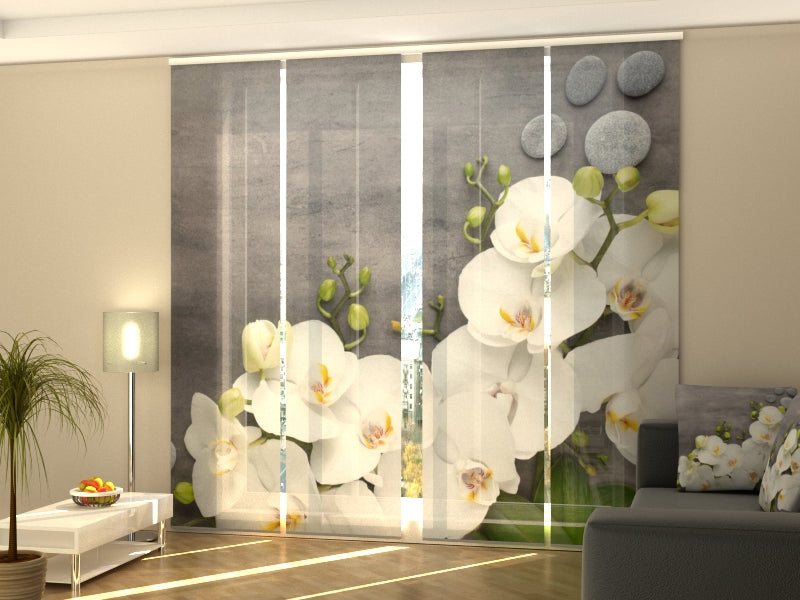 Set di 4 Tende a Pannello Orchidee Bianche su Marmo Grigio