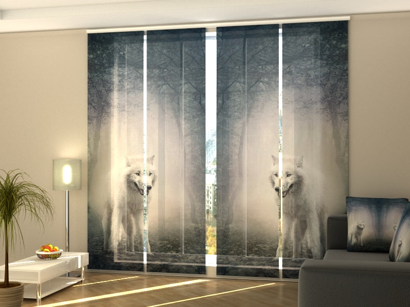 Set di 4 Tende a Pannello Lupo Bianco nella Foresta Notturna