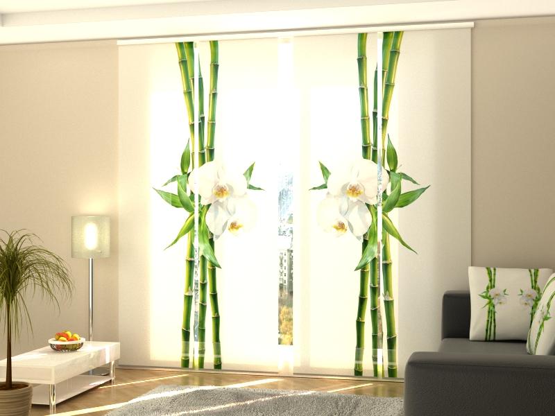 Set di 4 Tende a Pannello Bambù e Orchidea Bianca