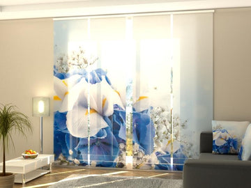 Set di 4 Tende a Pannello Bouquet Blu e Bianco