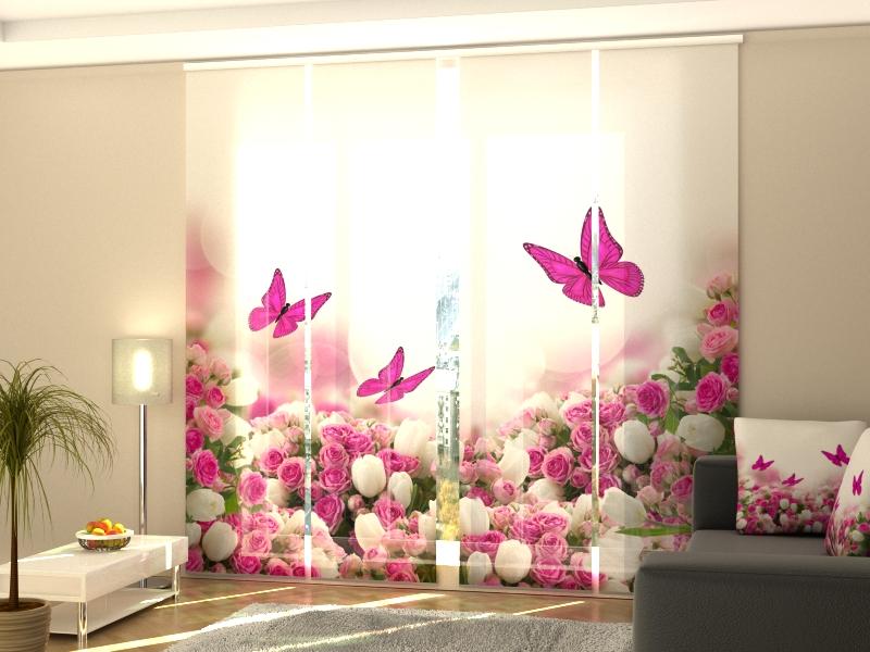 Set di 4 Tende a Pannello Farfalle Cremisi e Fiori