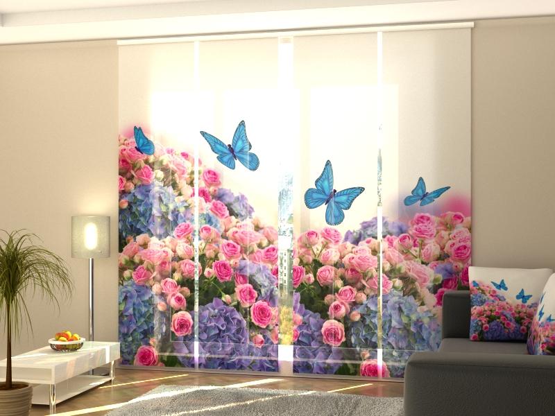Set di 4 Tende a Pannello Bouquet dal Giardino e Farfalle Blu