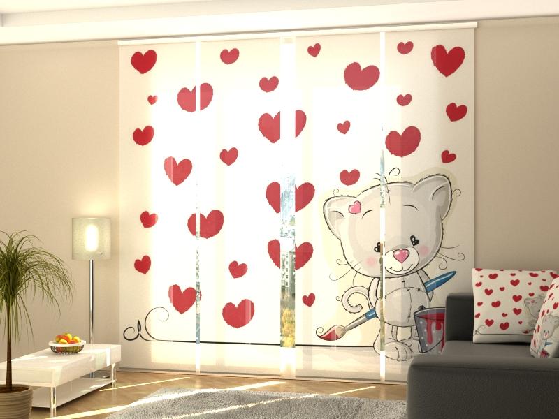Set di 4 Tende a Pannello Gattini e Cuori