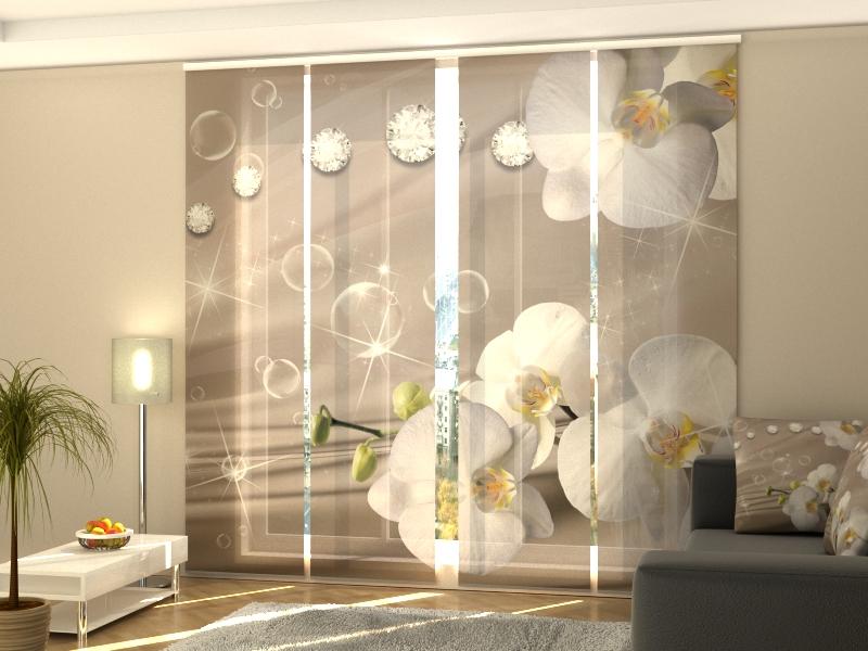 Set di 4 Tende a Pannello Orchidee e Strass su Seta Beige 2