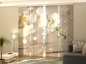 Set di 4 Tende a Pannello Orchidee e Strass su Seta Beige