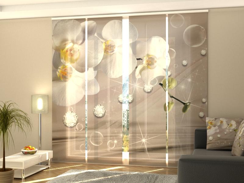 Set di 4 Tende a Pannello Orchidee e Strass su Seta Beige