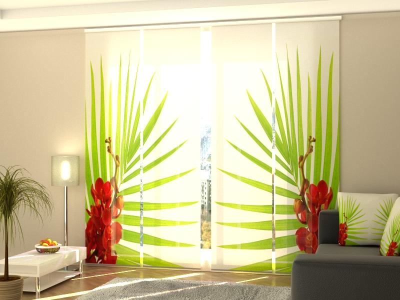 Set di 4 Tende a Pannello Foglie di Palma con Orchidee Rosse