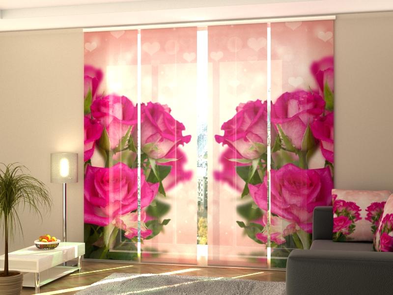 Set di 4 Tende a Pannello Rose Rosa e Cuori