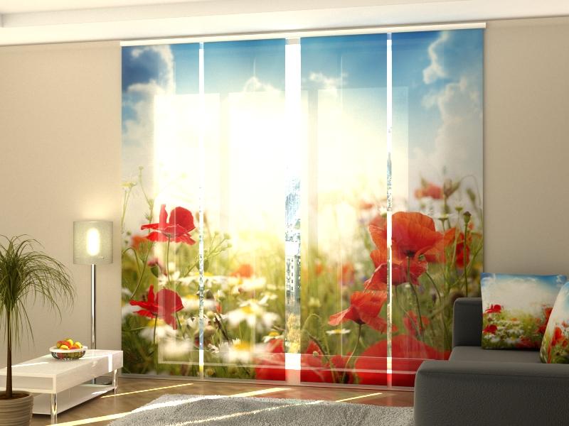 Set di 4 Tende a Pannello Papaveri Rossi e Cielo Blu