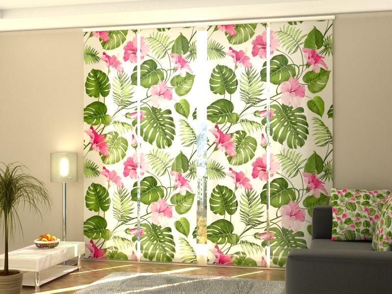 Set di 4 Tende a Pannello Fiori Tropicali su Fondo Bianco