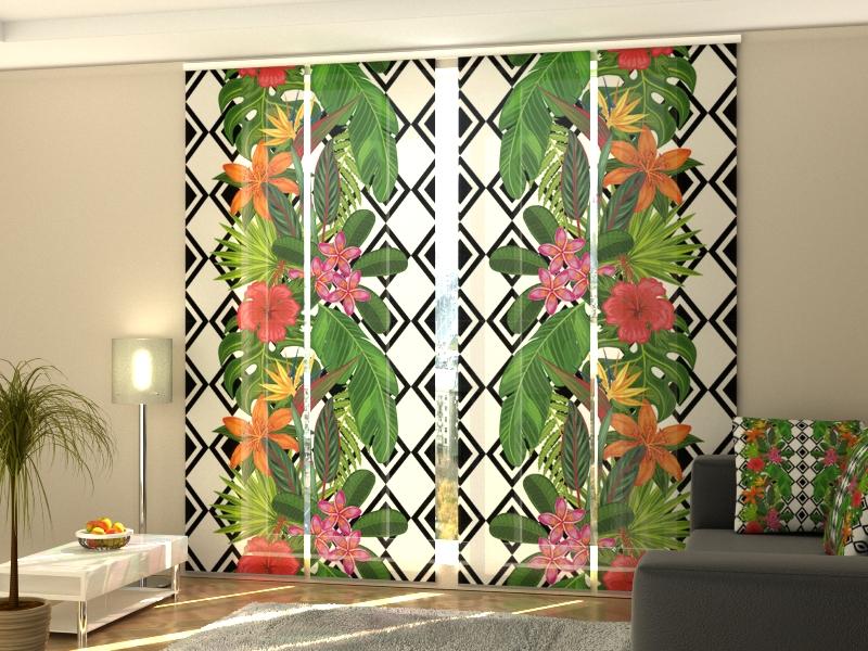 Set di 4 Tende a Pannello Piante Tropicali e Rombi