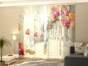Set di 4 Tende a Pannello Tunnel con Orchidee e Farfalle