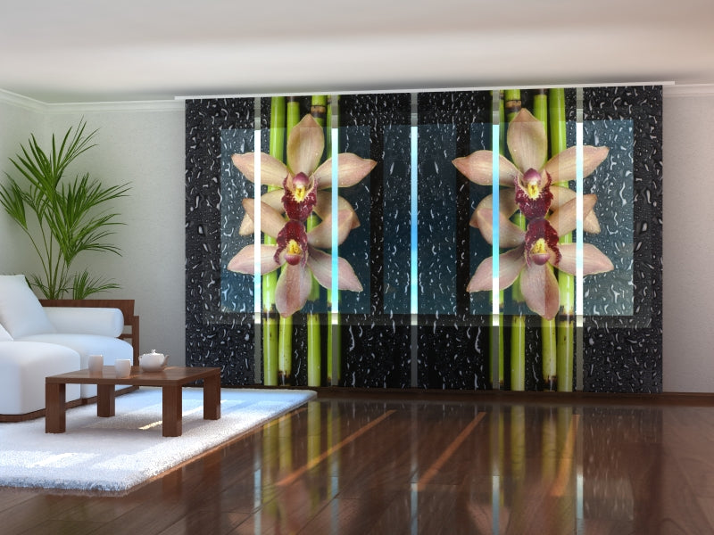 Set di 6 Tende a Pannello Bambù, Orchidee e Gocce