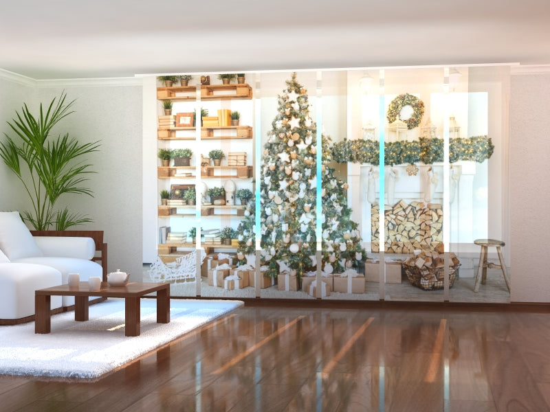 Set di 6 Tende a Pannello Albero Di Natale Con Decorazioni Bianche e In Legno