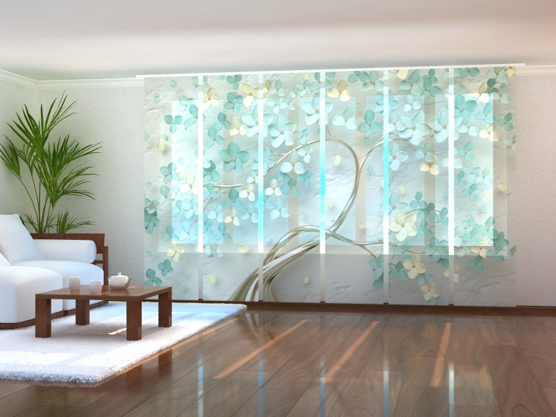 Set di 6 Tende a Pannello Favoloso Albero con Fiori Verdi