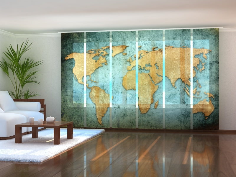 Set di 6 Tende a Pannello Mappa del Mondo d'Oro