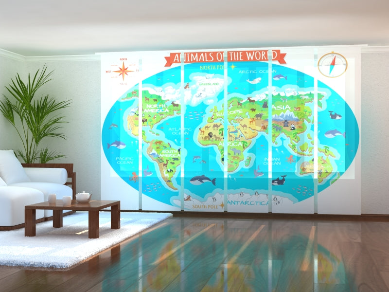 Set di 6 Tende a Pannello Mappa per Bambini con gli Animali del Mondo