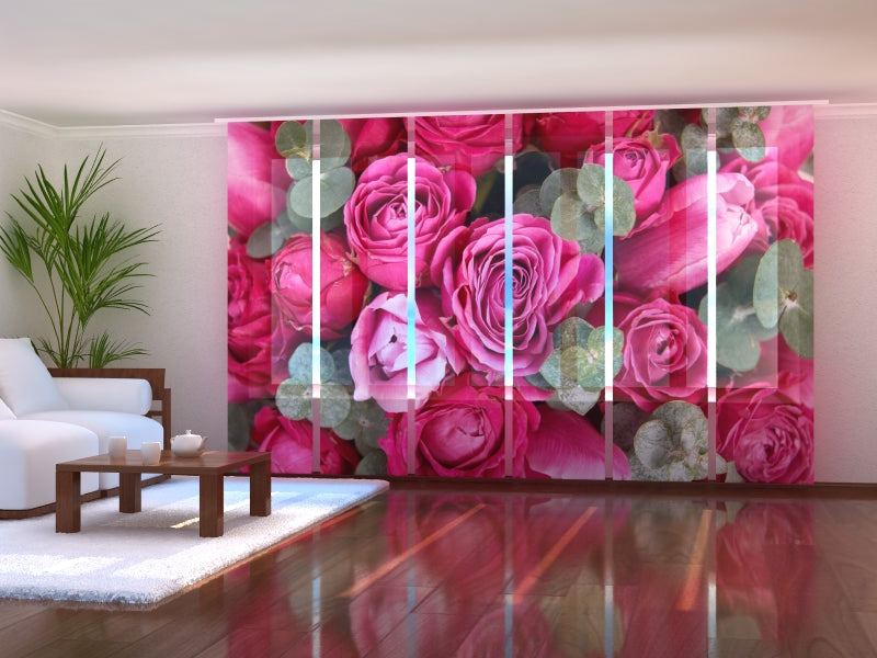 Set di 6 Tende a Pannello Rose Rosa con Foglie Verdi