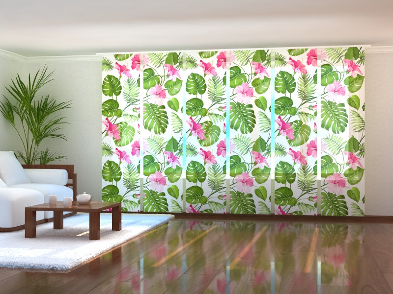 Set di 6 Tende a Pannello Fiori Tropicali su Fondo Bianco