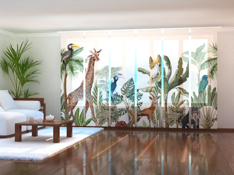 Set di 6 Tende a Pannello Alberi Tropicali e Animali della Giungla