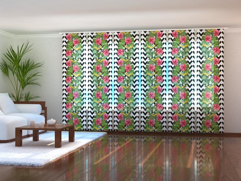Set di 6 Tende a Pannello Foglie Tropicali e Fiori di Ibisco