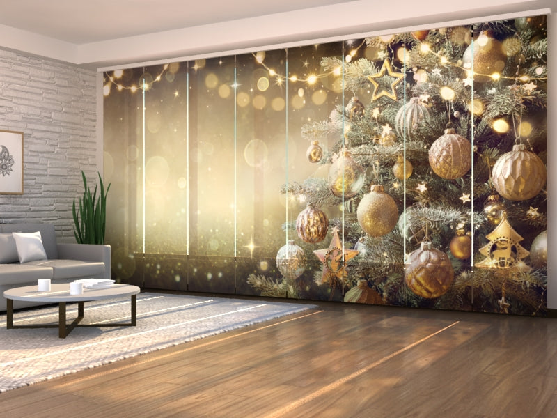 Set di 8 Tende a Pannello Albero Di Natale Con Decorazioni Dorate Retr��