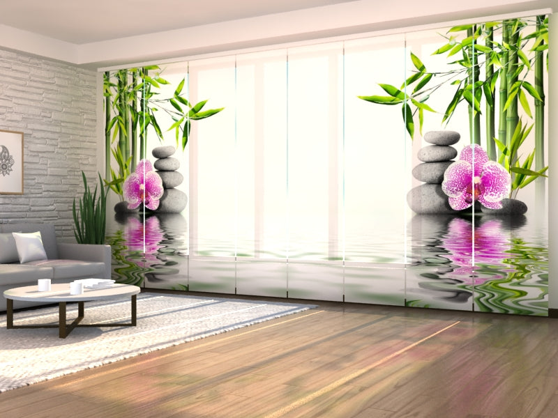 Set di 8 Tende a Pannello Orchidea Rosa Con Bambù e Pietre